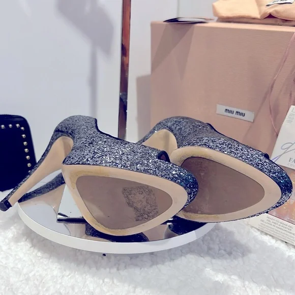 Miu Miu Bkack Wallet & Miu Miu Silver/Black Glitter Heels , DustBag ,Box & Nails - Picture 13 of 16